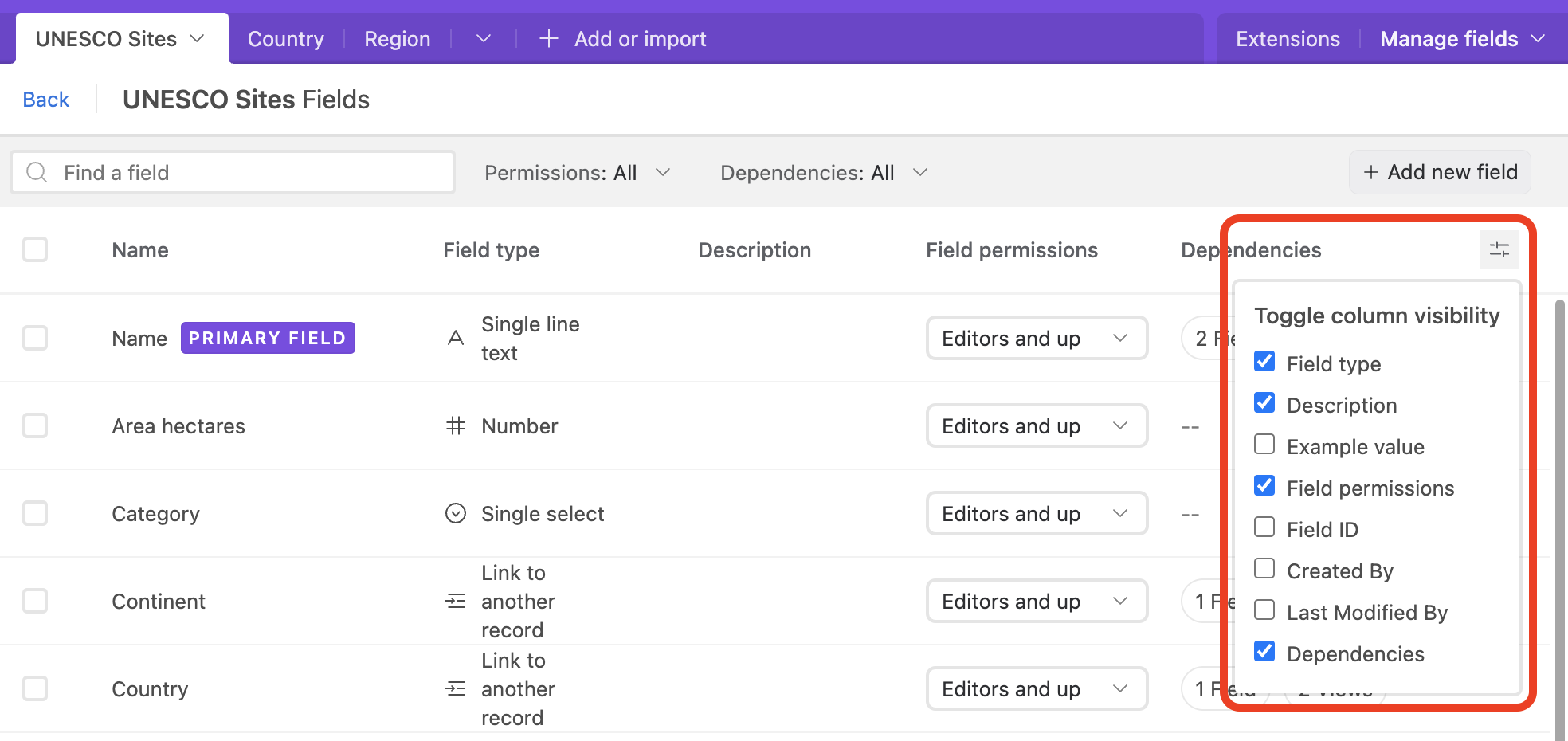 Toggle column visibility in Field Manager