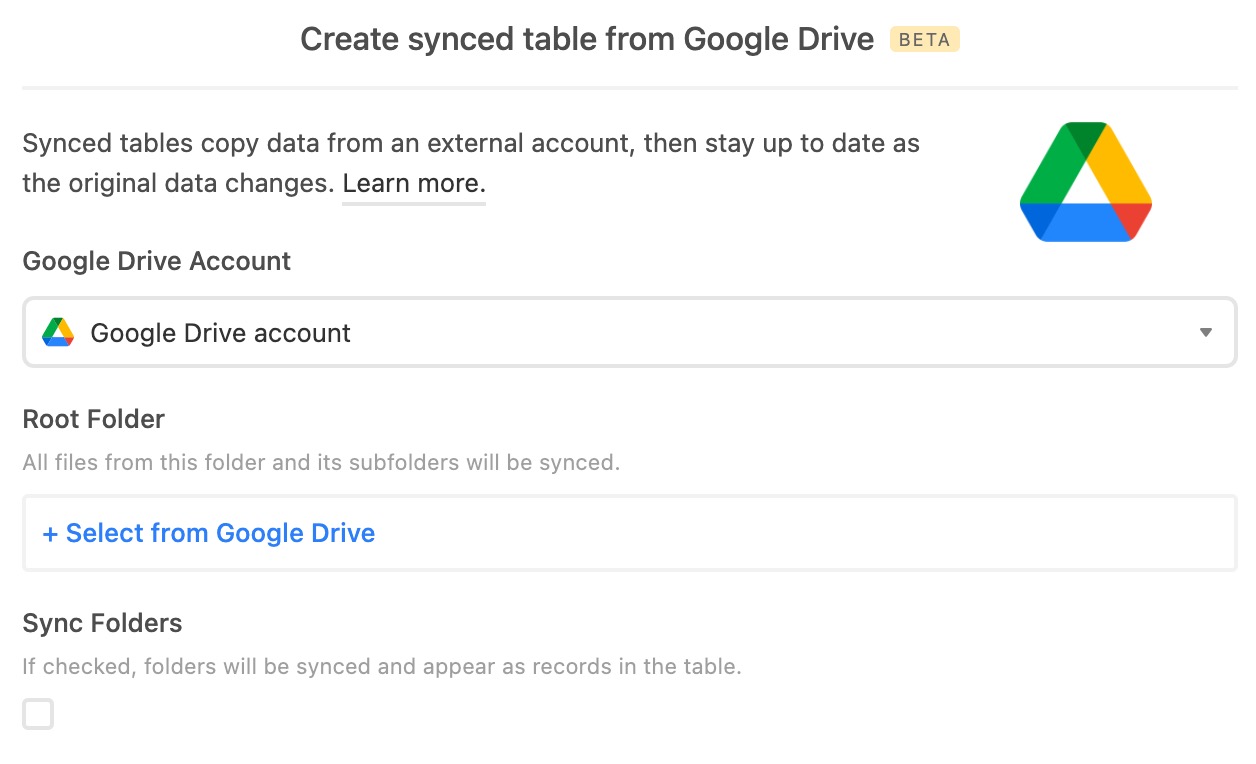 Airtable Sync integration: Google Drive