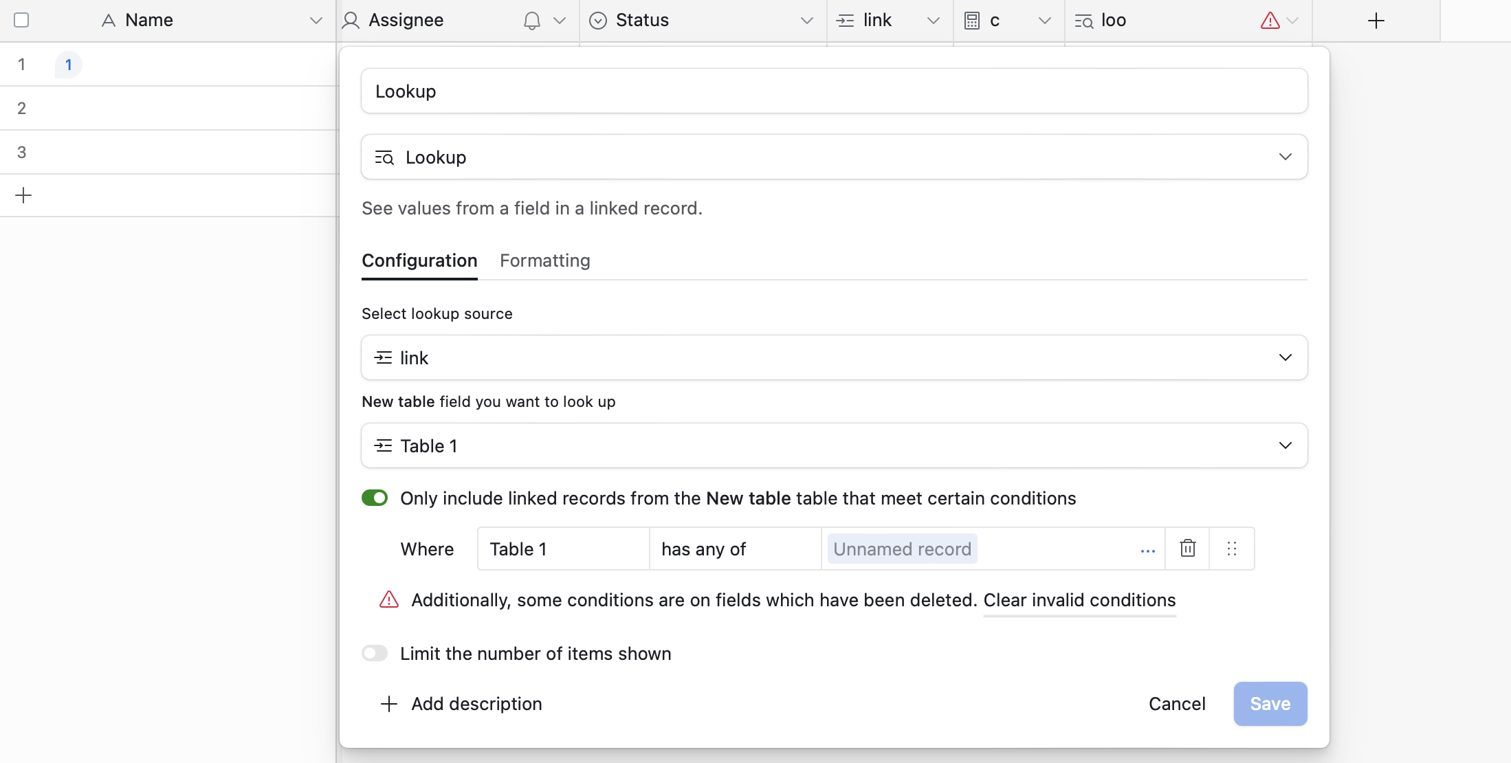 An image showing a lookup field with invalid conditions due to a field being deleted.