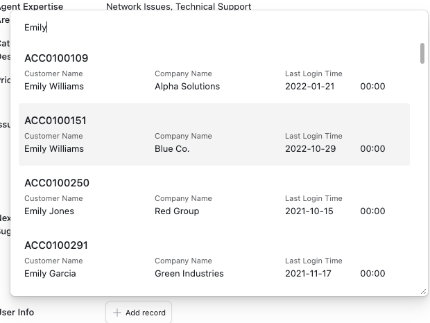 An image showing several customers named "Emily" and their information from the backend hyperDB data set.