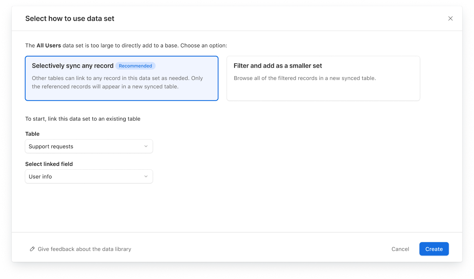 An image showing the setup process of using selective sync to connect records from HyperDB to a table in a base via a linked record field.