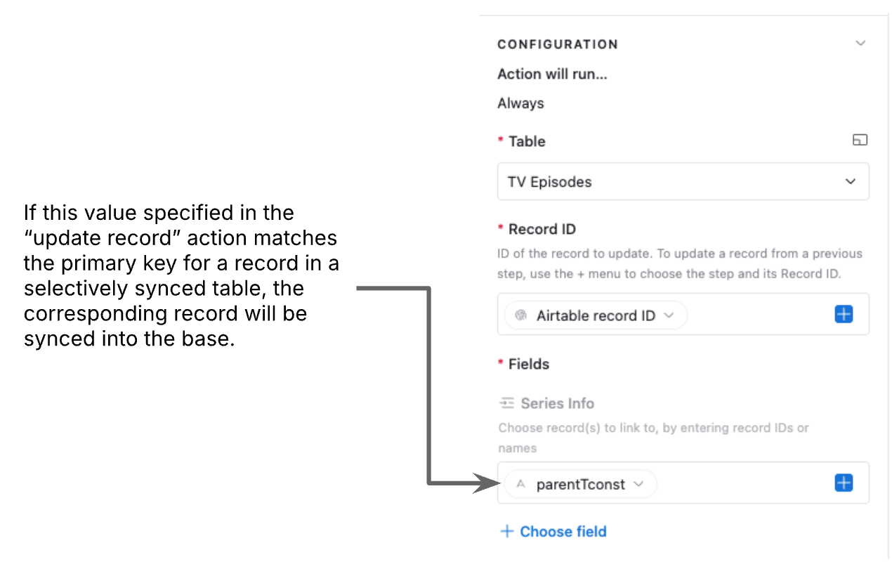 An image showing the configuration of an update record action in an automation where a linked record field is connected via a dynamic token.