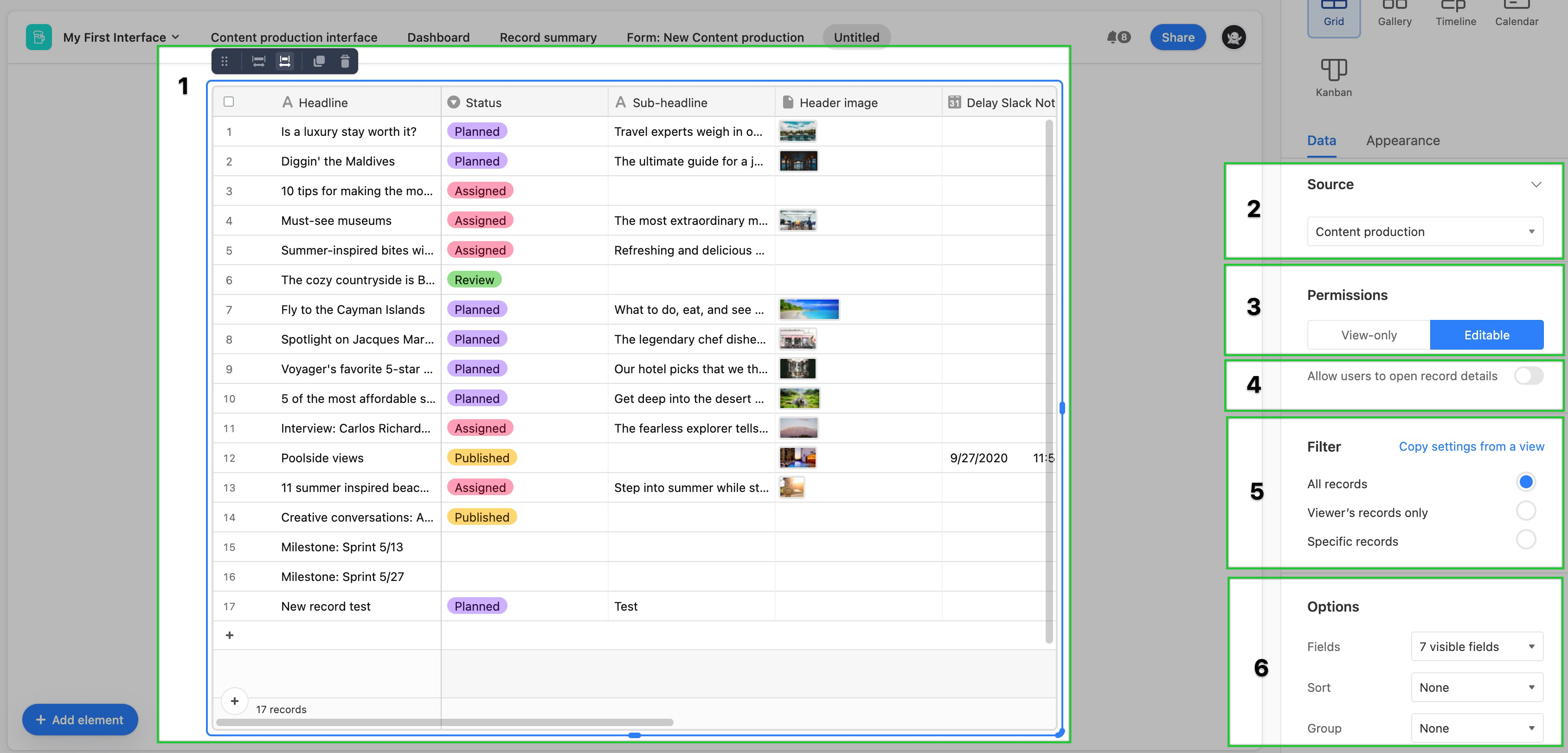 Interface element Grid Airtable Support